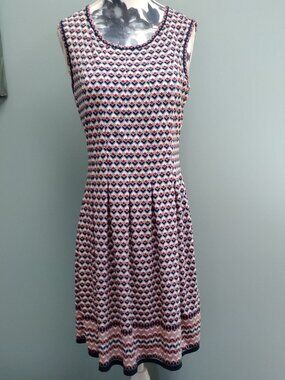 Max Studio Fit & Flare Navy and Peach patterned border dress, XS